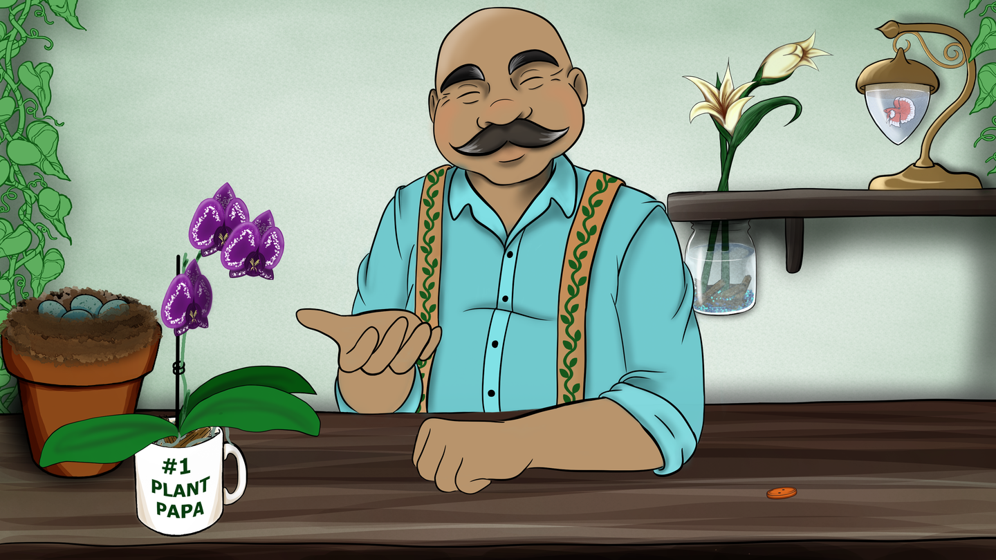 Fidget's Garden scene: a warm, mustached gardener at his potting bench with an orchid, a betta fish, and a #1 Plant Papa mug